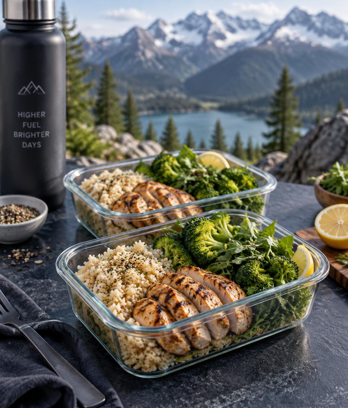 Frische High-Protein Meal-Prep Boxen mit Hähnchen, Reis und Brokkoli vor Innsbrucker Bergpanorama